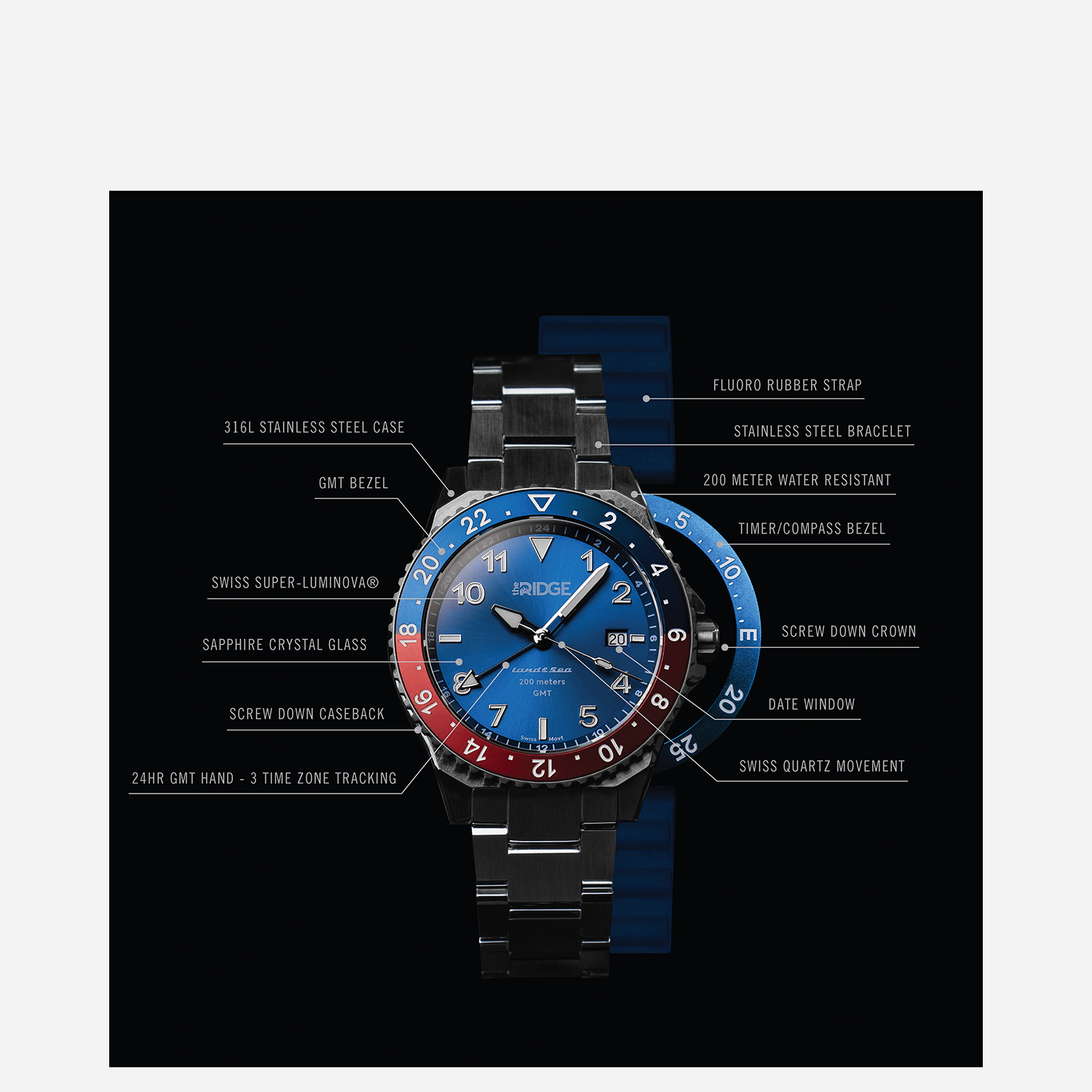 Ridge Land & Sea GMT Watch 42mm - Royal Black - Image 8